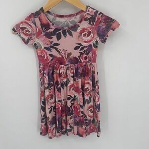 Posh Peanut Girls 3t-4t Bamboo Dress Pink Floral Print Short Sleeve Twirl